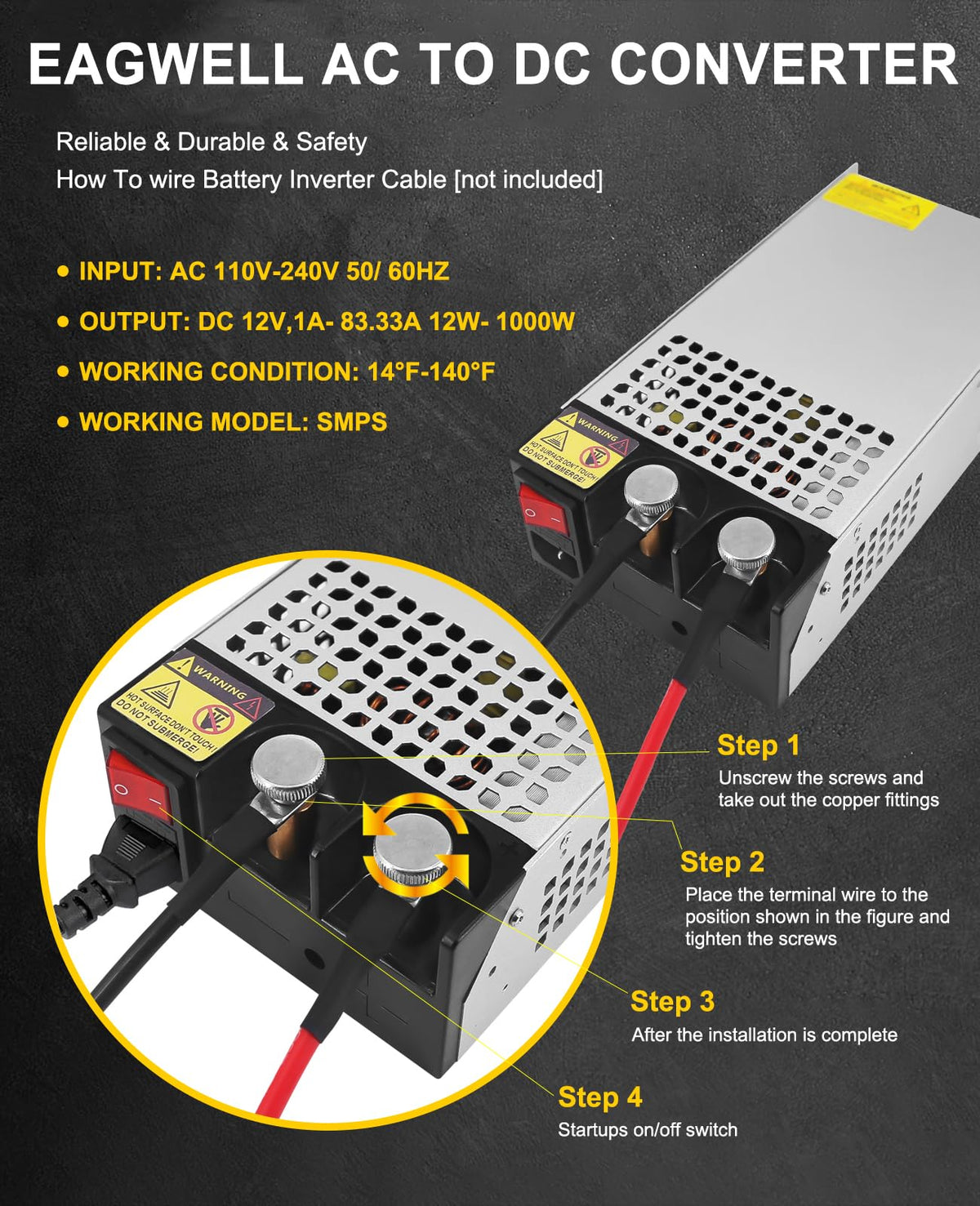 EAGWELL 12V power supply powering a diesel heater in a vehicle