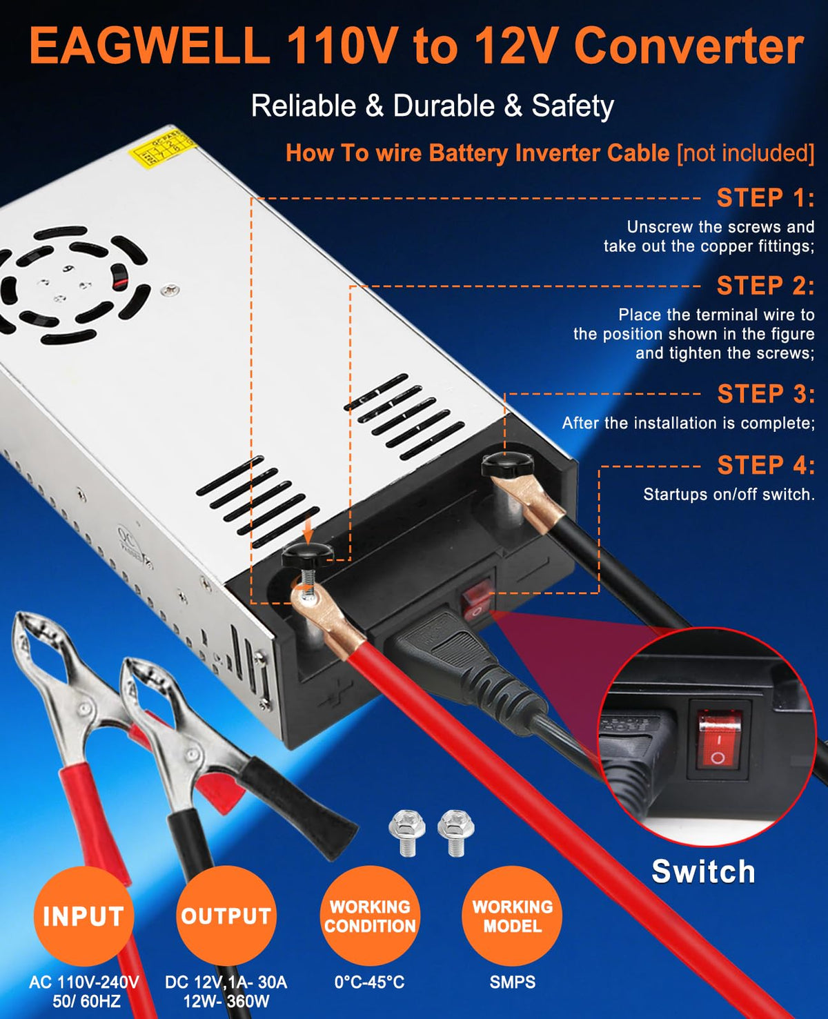 EAGWELL patented connector rods with clips enabling quick secure battery hookups