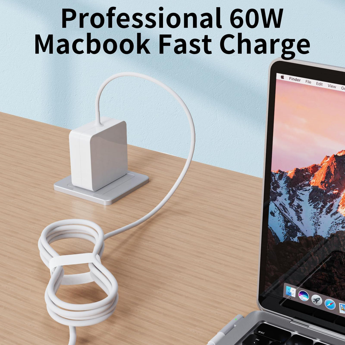 Eaneey 60W Mag2 charger with L-shaped connector showcases secure, space-saving plug.