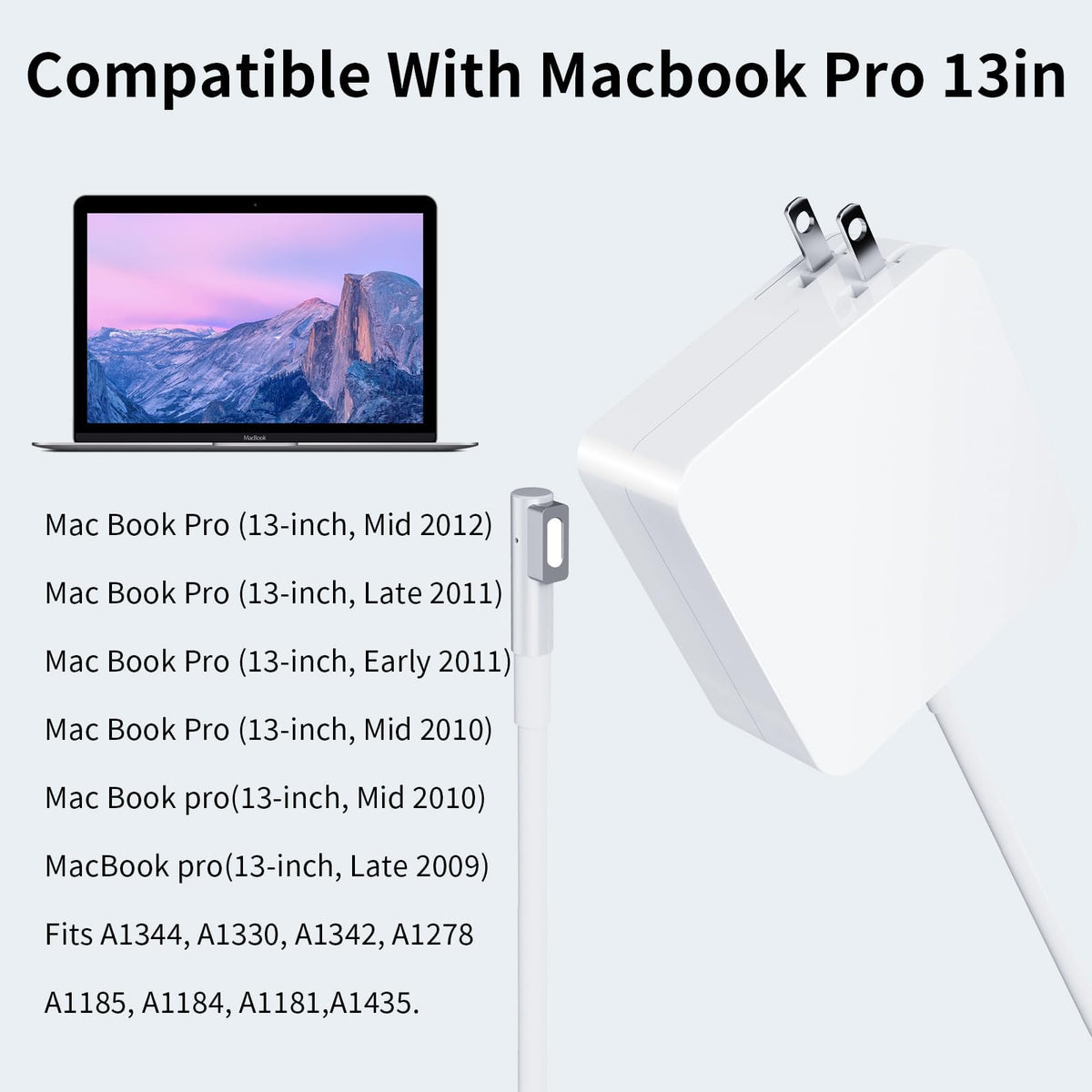 Eaneey 60W Mag2 charger compatibility with MacBook Pro 13-inch models shown.