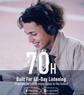 EAORUL wireless headphones on head for all-day comfort during travel and work