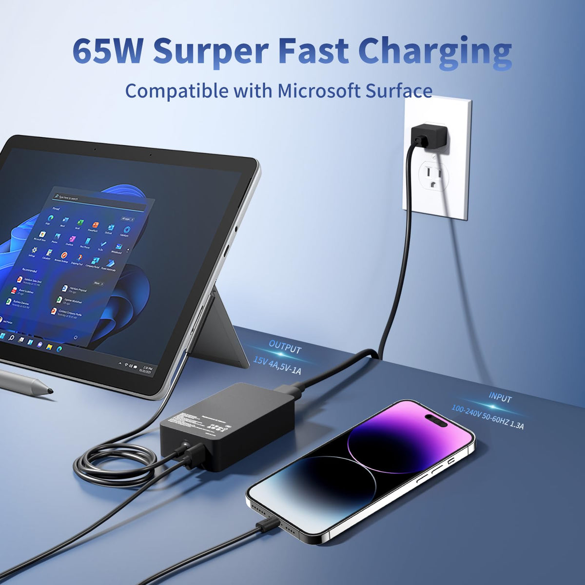 EAOYHGB 65W charger USB port powers a smartphone while the laptop charges