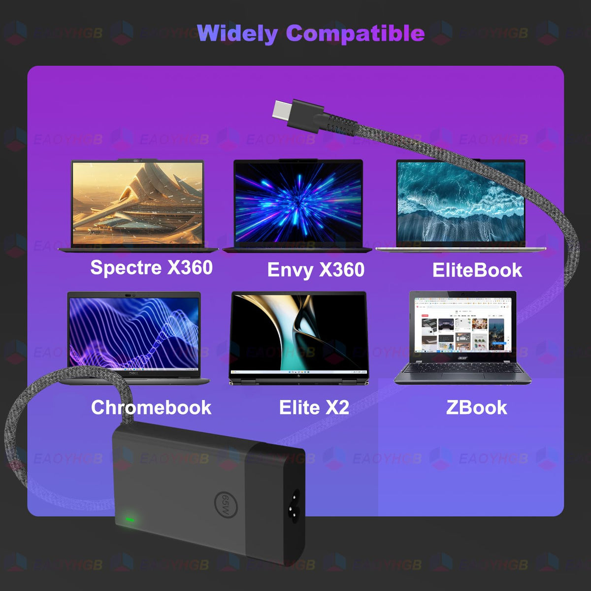 EAOYHGB USB-C charger plugging into a Chromebook x360 for versatile power.