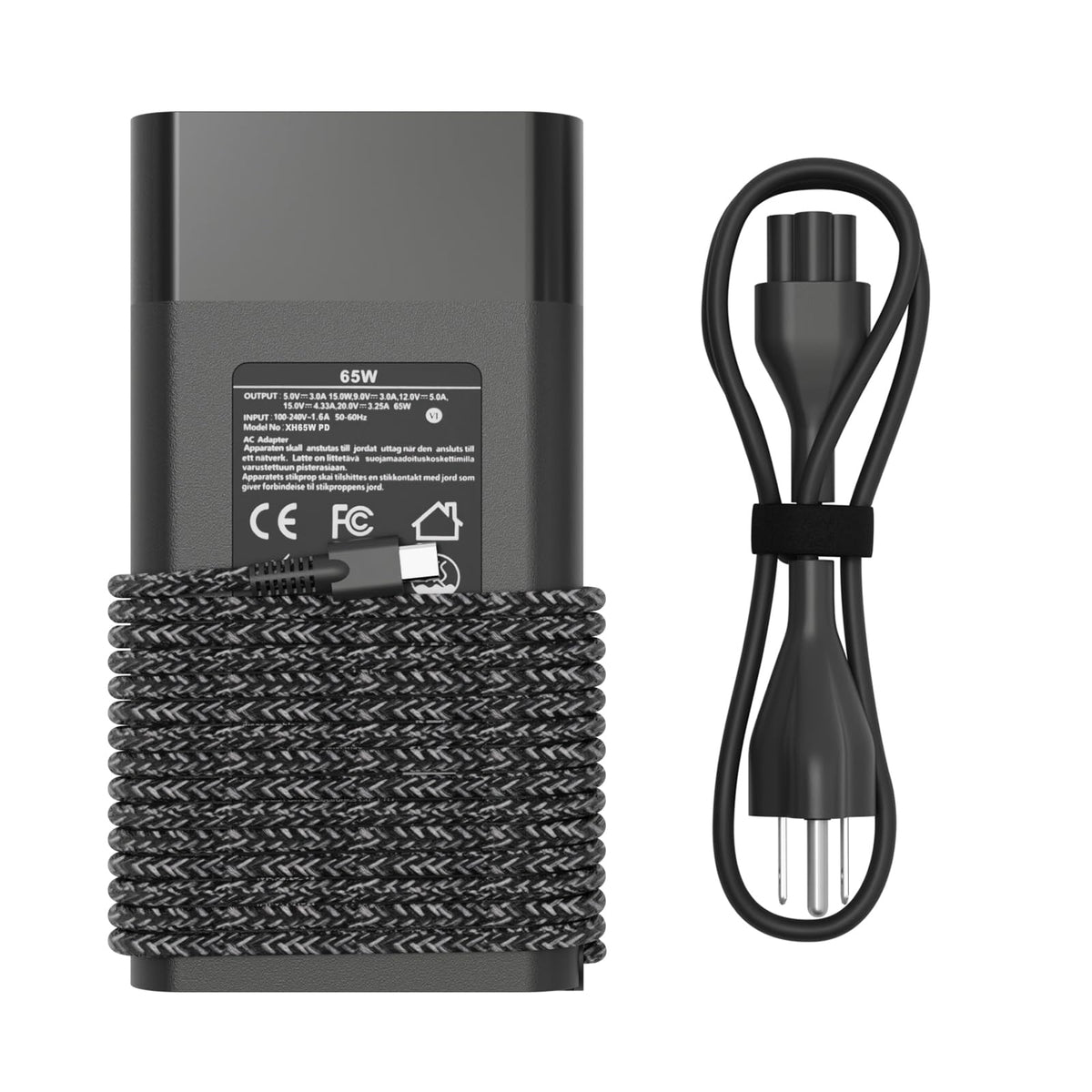 EAOYHGB Close-up of USB-C port and 65W power label on charger.