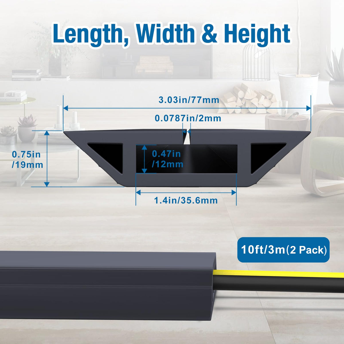 Eapele floor cord cover channel width shows 1.4 inch space for cables