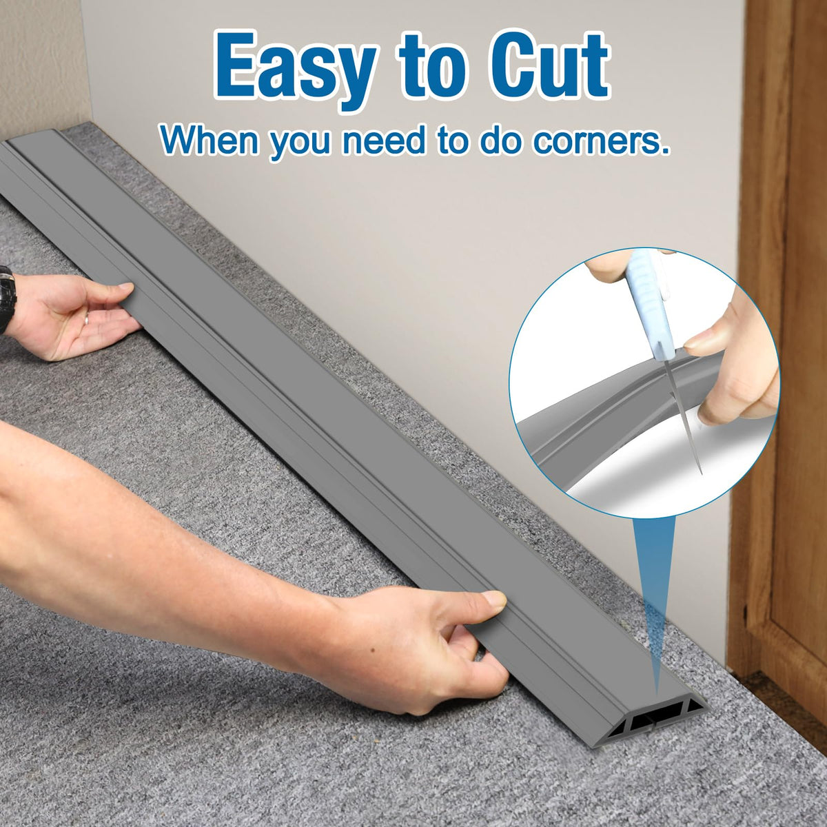 Eapele floor cord cover easy cut-to-length demonstrated with scissors