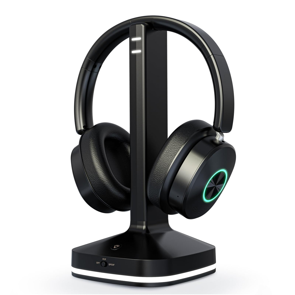 Earbay front view of transmitter and headset showing neat storage and easy access