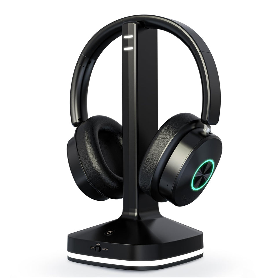 Earbay front view of transmitter and headset showing neat storage and easy access