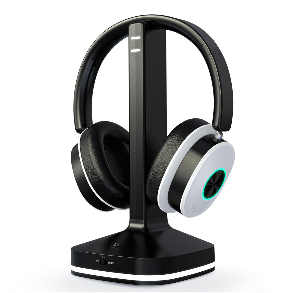 Earbay front view with transmitter showing headset and charging base for easy storage