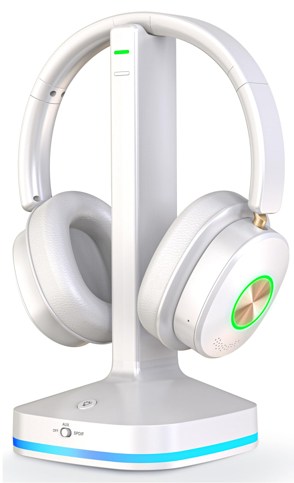 Earbay TV headphones dock with transmitter powering a tidy TV setup