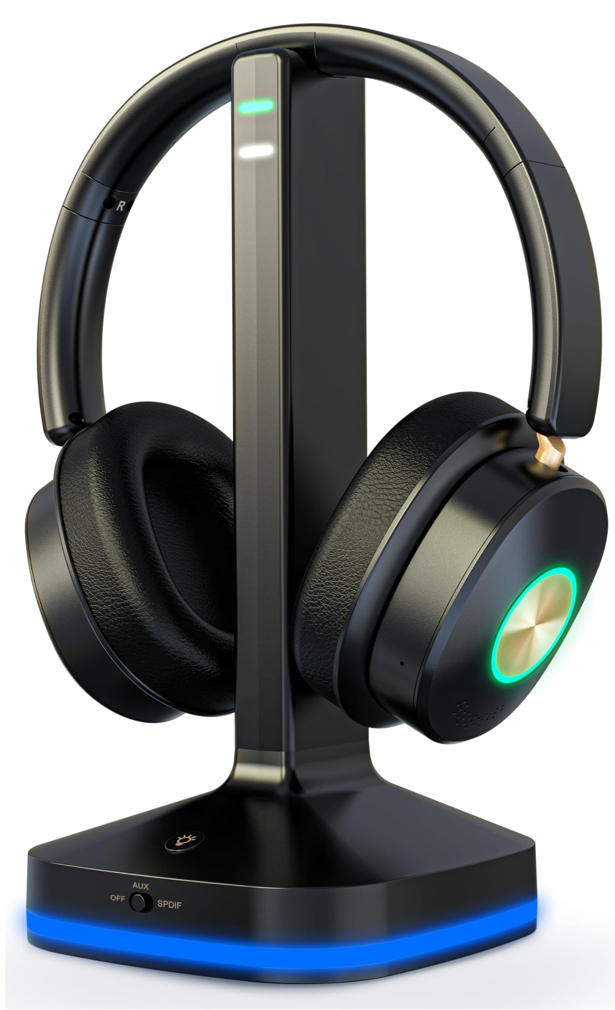 Earbay TV headphones on charging dock for convenient viewing and quick setup