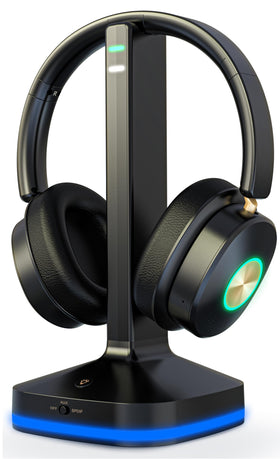 Earbay TV headphones on charging dock for convenient viewing and quick setup