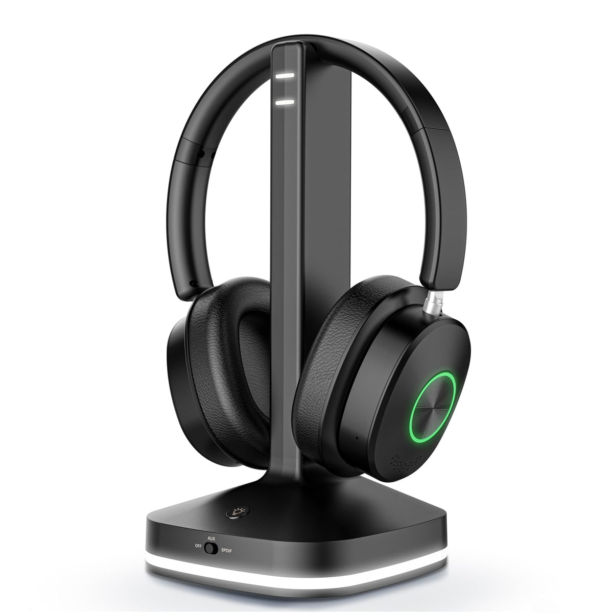 Earbay TV headphones with transmitter-base offer private, immersive viewing and easy recharging.