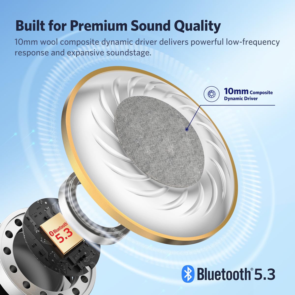 EarFun Air 2 driver close-up showing 10mm diaphragm for clearer hi-res audio