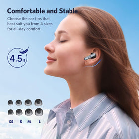 EarFun Air 2 held in hand to show compact size and lightweight 4.5g earbuds