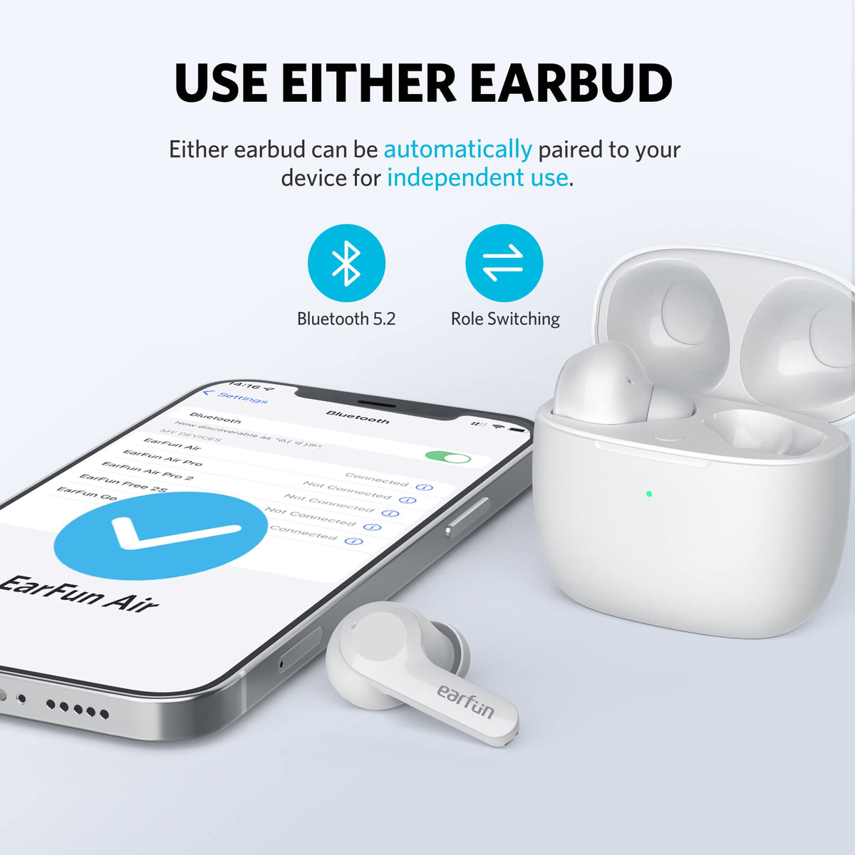 EarFun Air case beside smartphone showing size comparison and pocketable convenience