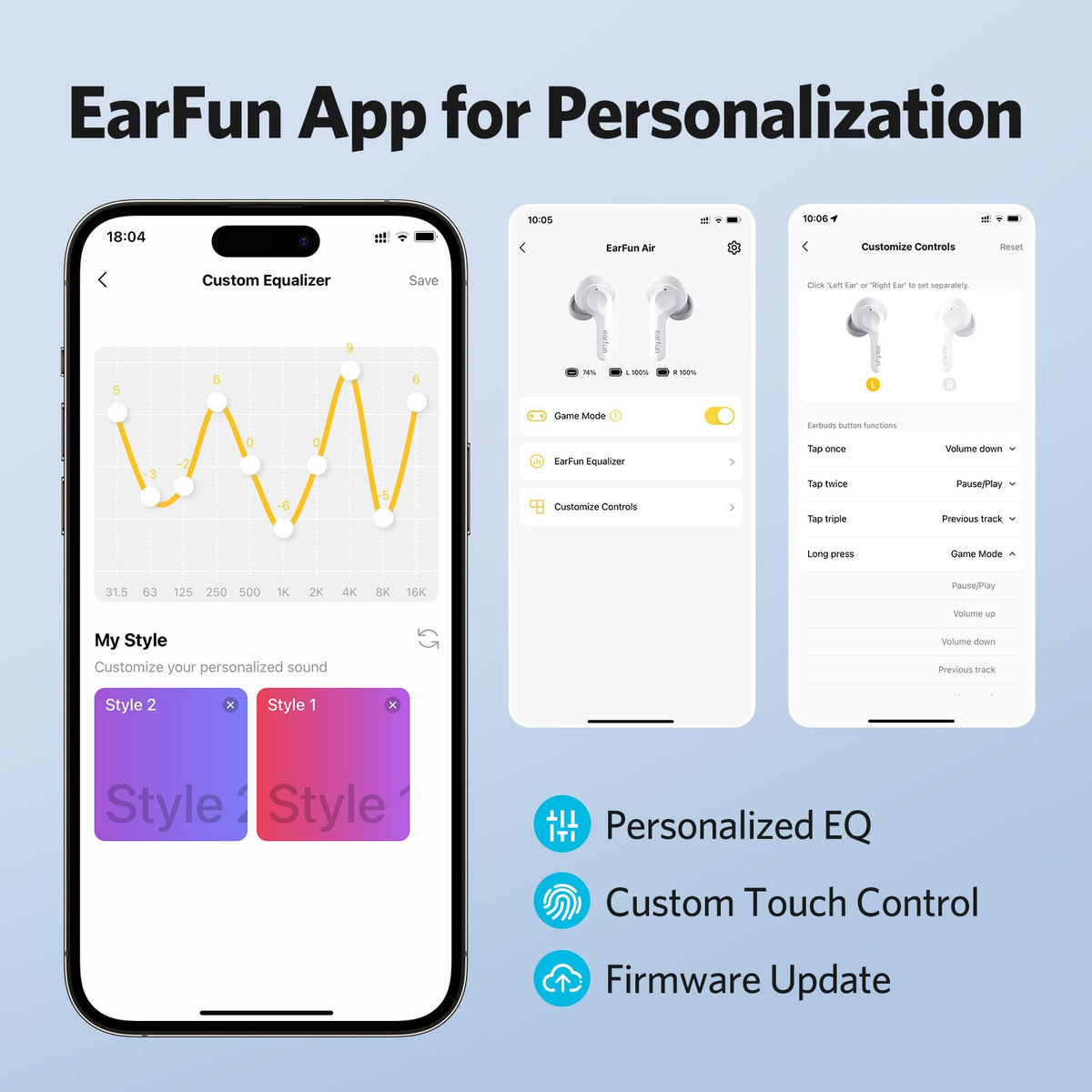 EarFun Air earbud close-up showing dual 6mm drivers and high-fidelity sound detail