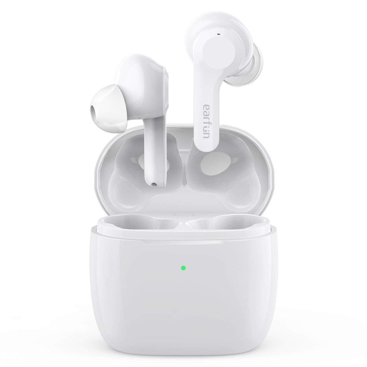 EarFun Air front view of white earbuds and case showing neat compact design and portability