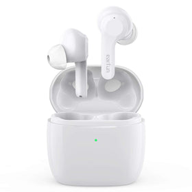 EarFun Air front view of white earbuds and case showing neat compact design and portability