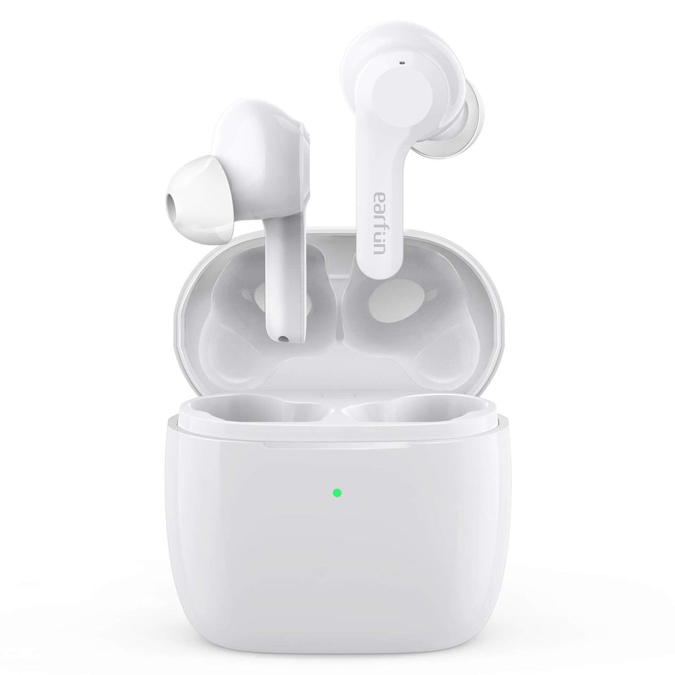 EarFun Air front view of white earbuds and case showing neat compact design and portability