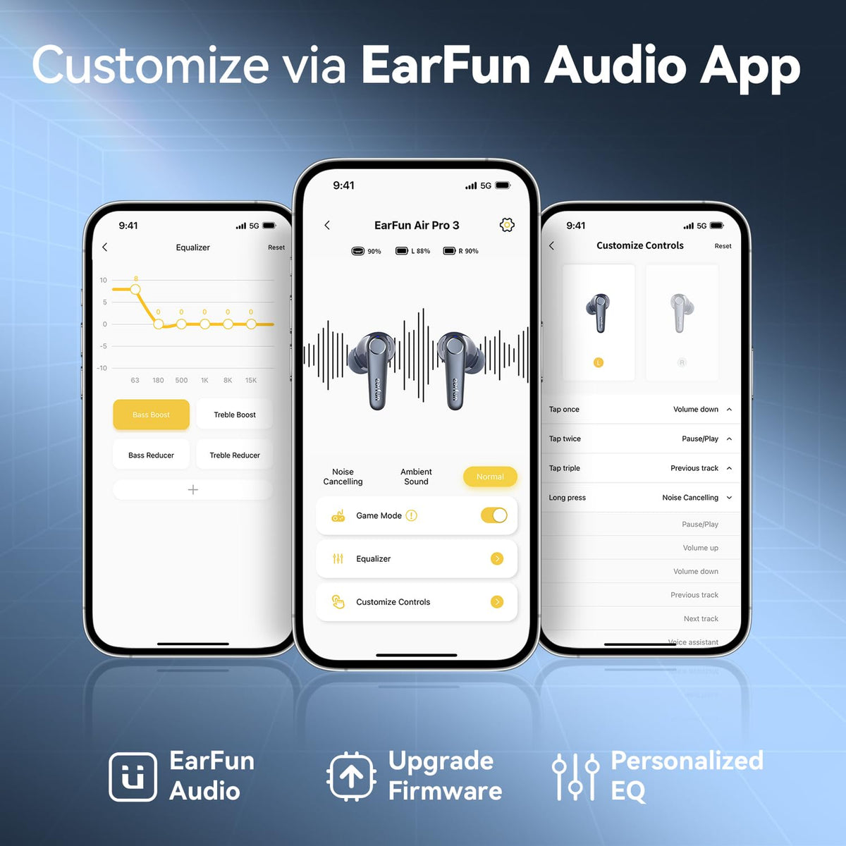 EarFun Air Pro 3 app interface for customizing sound with an EQ.