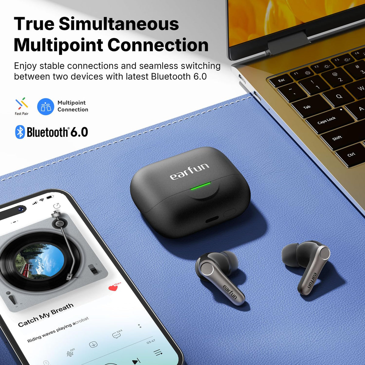 Multipoint Auracast connection keeps EarFun Air Pro 4+ linked to devices.