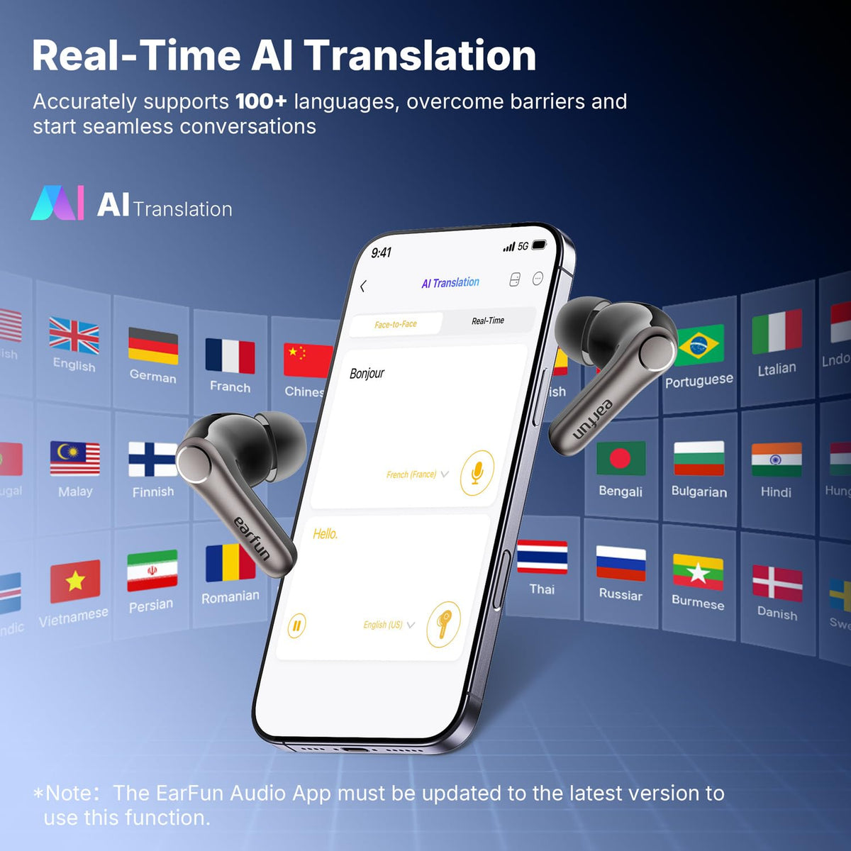Real time translation mode on EarFun Air Pro 4+ enables multilingual conversations.