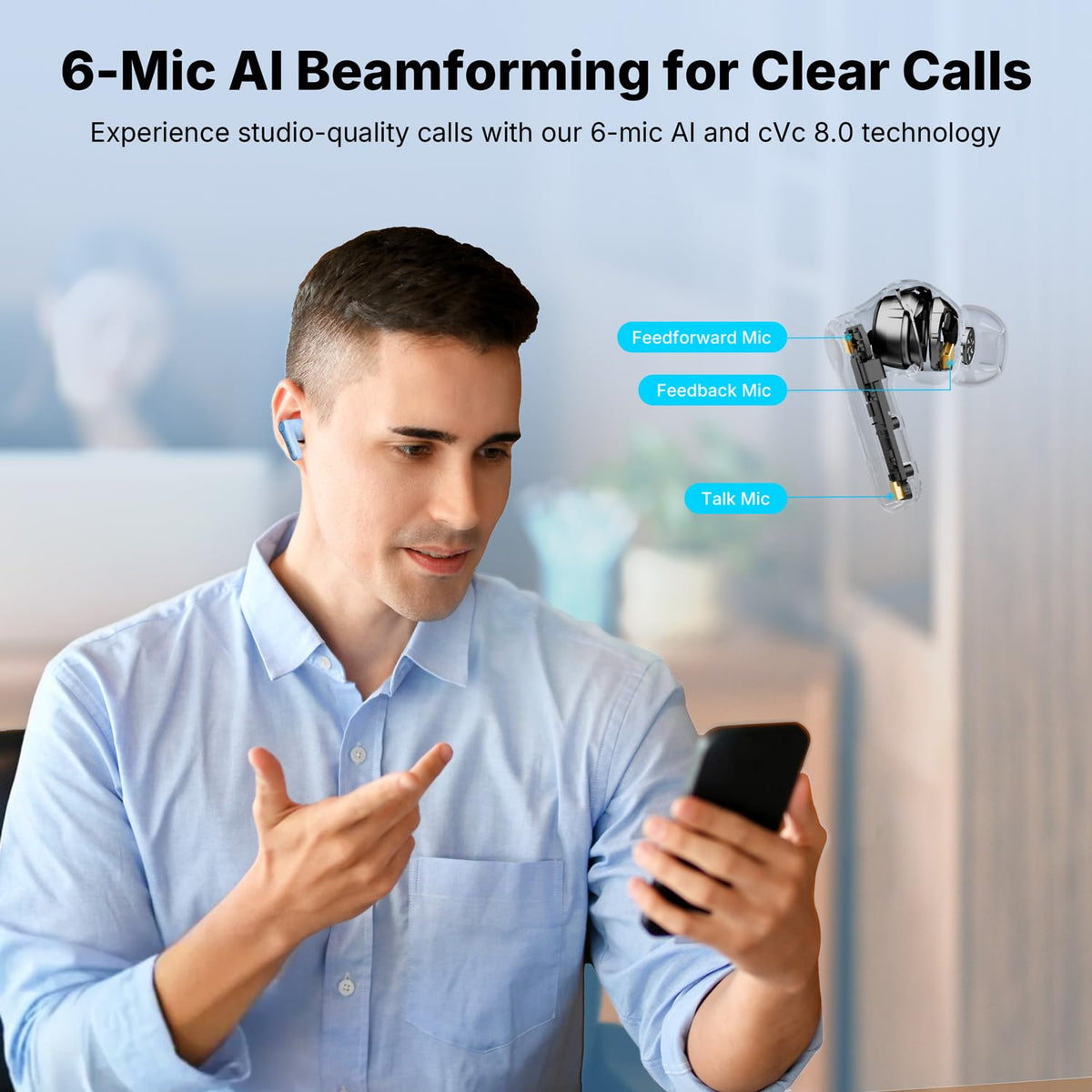 EarFun Air Pro 4+ six-mic array: clear voice pickup during calls