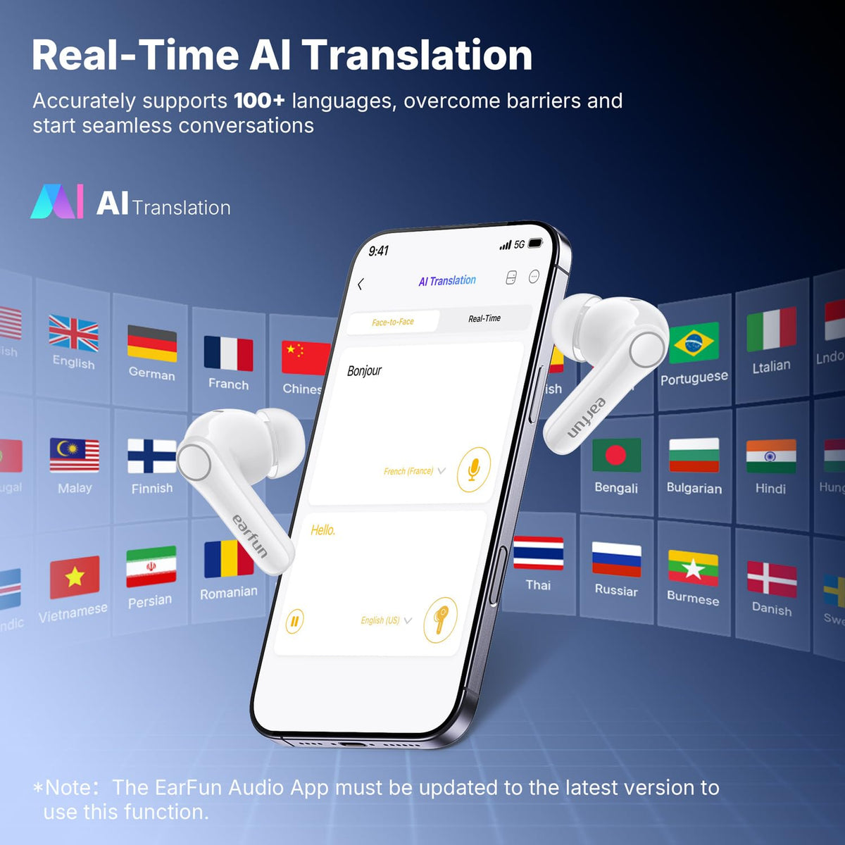 EarFun Air Pro 4+ app translation UI illustrating real-time language translation features.