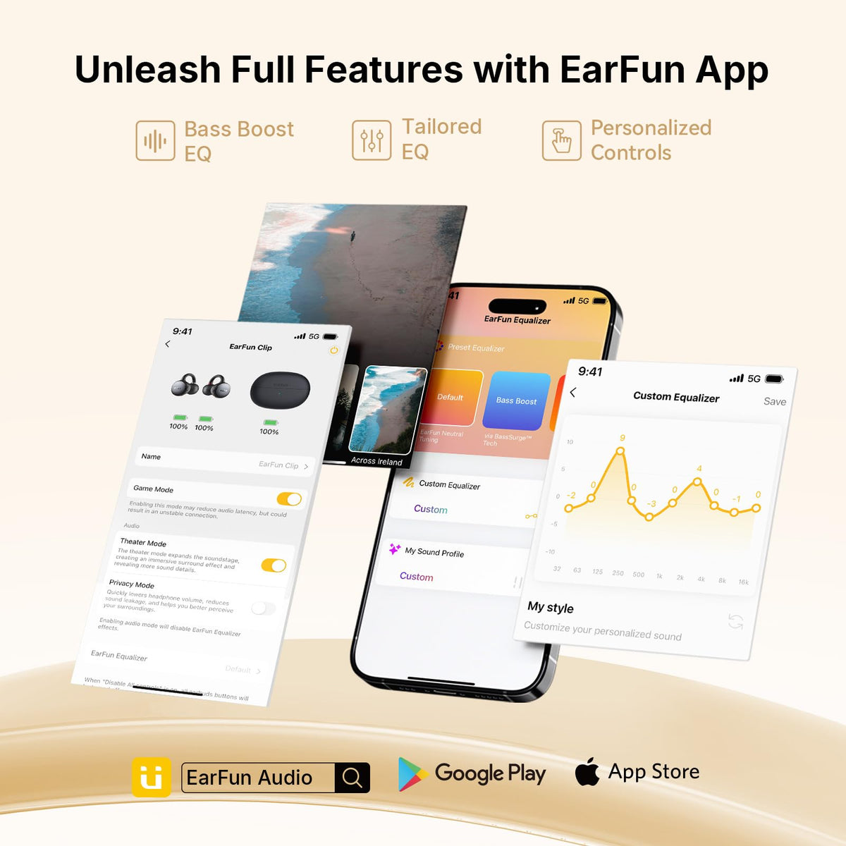 EarFun mobile app customization screen showing EQ settings.