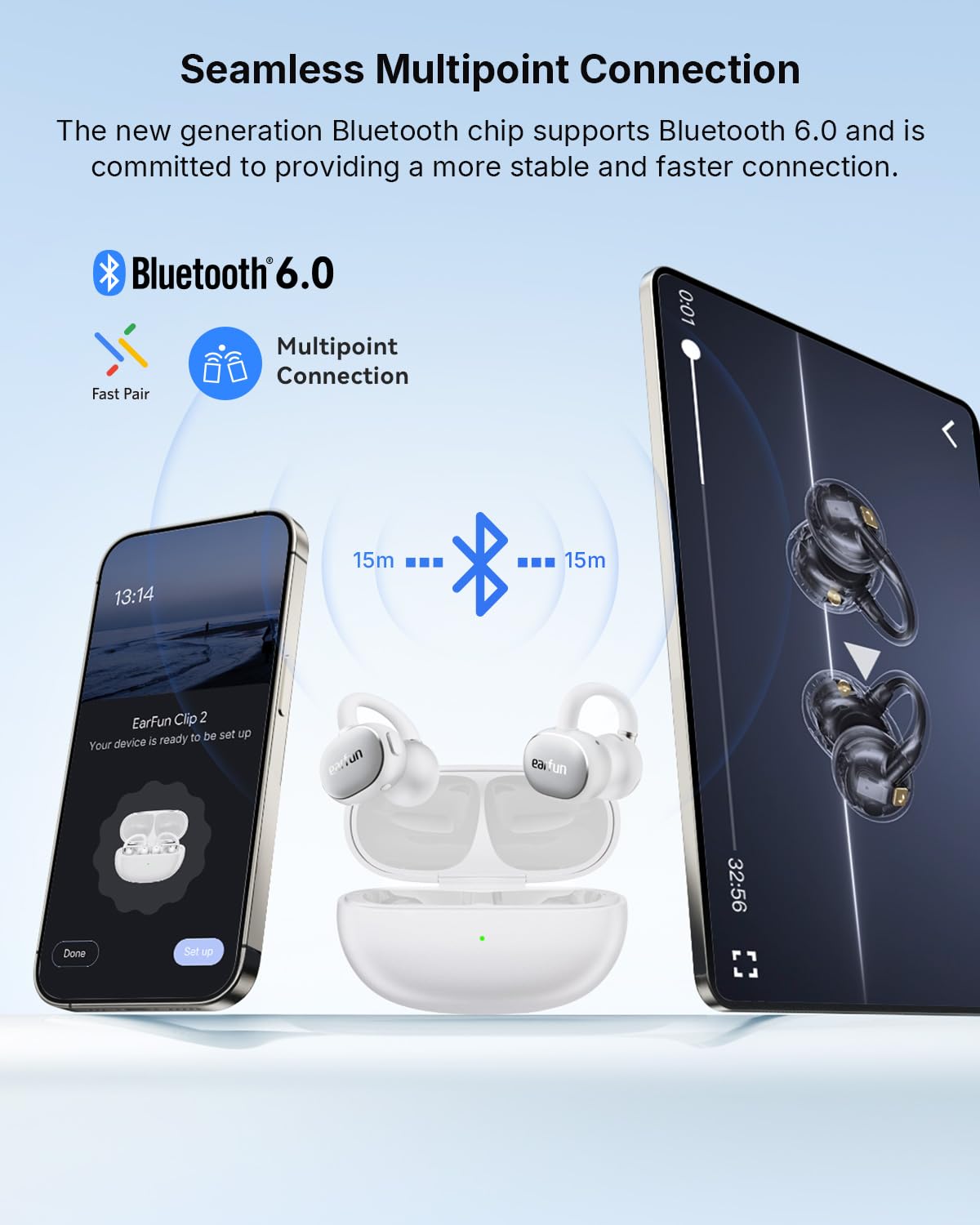 EarFun Clip 2 USB-C charging case offers quick top-ups.