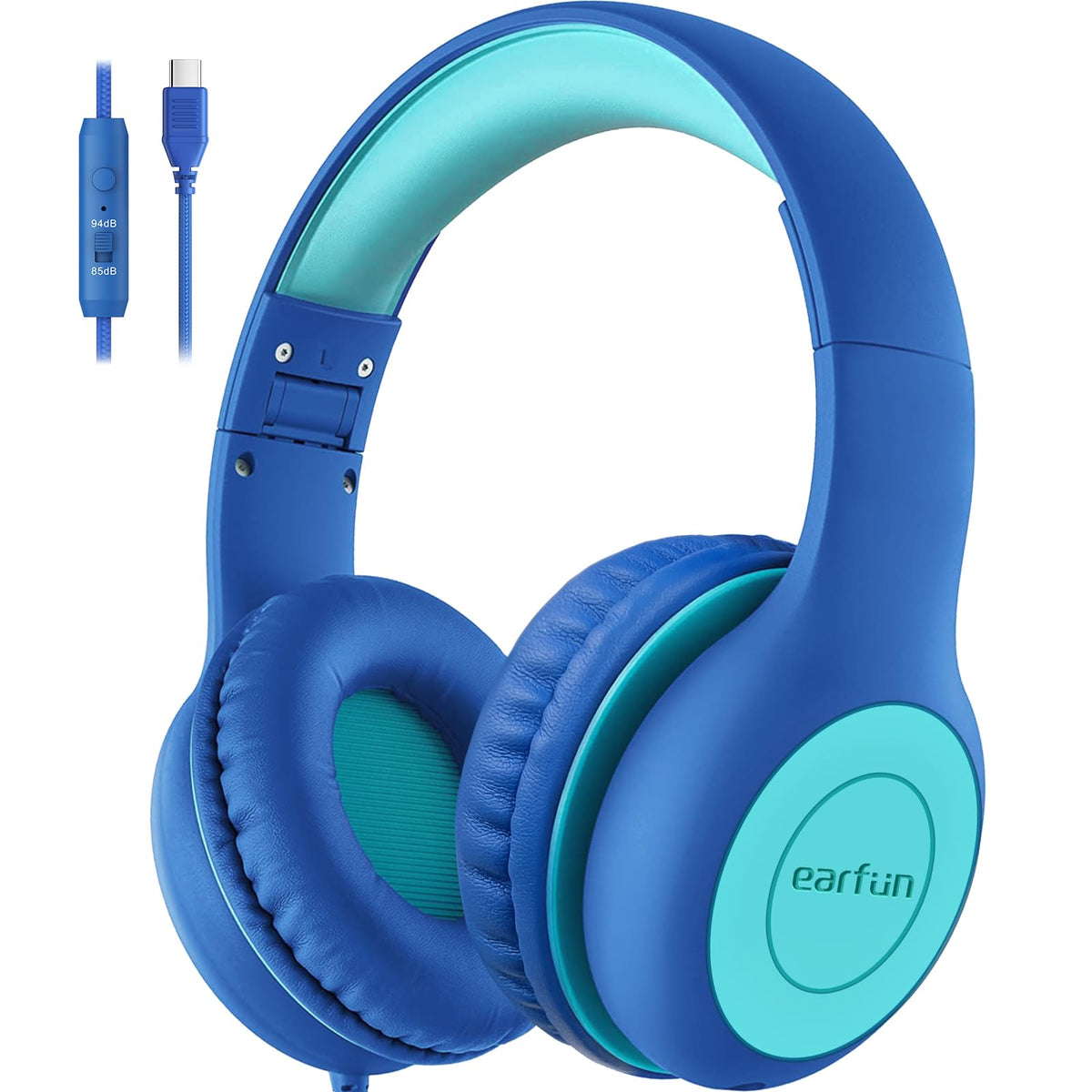 EarFun K1 kids headphones folded blue for easy travel and storage