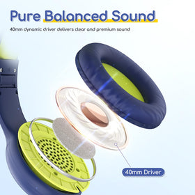 Folded EarFun K1 kids headphones in blue lemon, easy to store in a backpack.