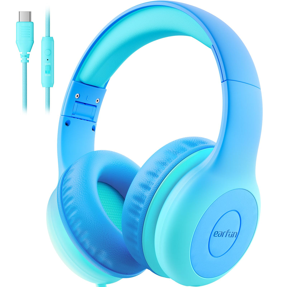 EarFun K1 folded cyan headset for easy storage and travel-friendly use.