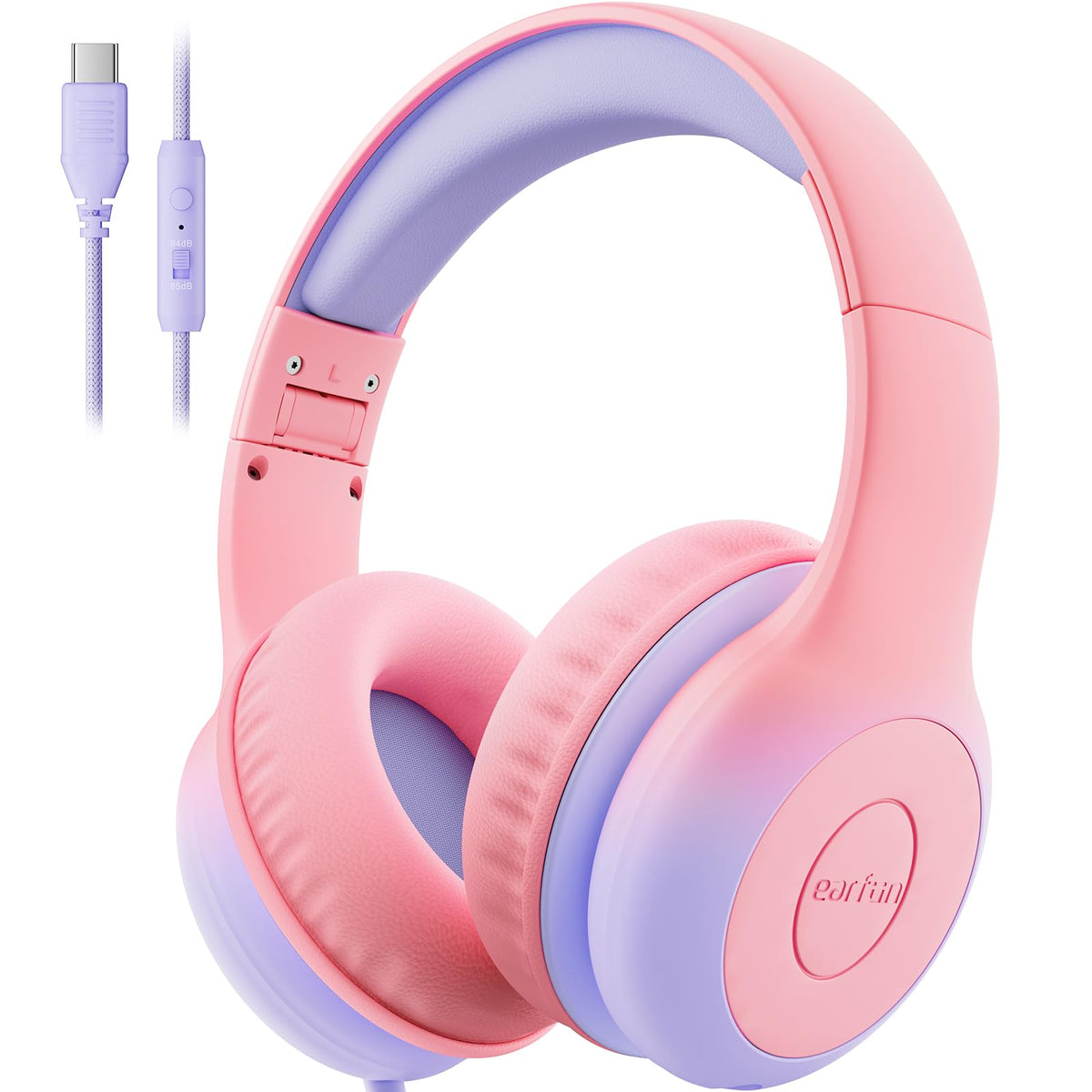 EarFun K1 kids headphones pink folded for travel and storage.