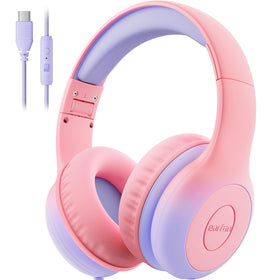 EarFun K1 kids headphones pink folded for travel and storage.
