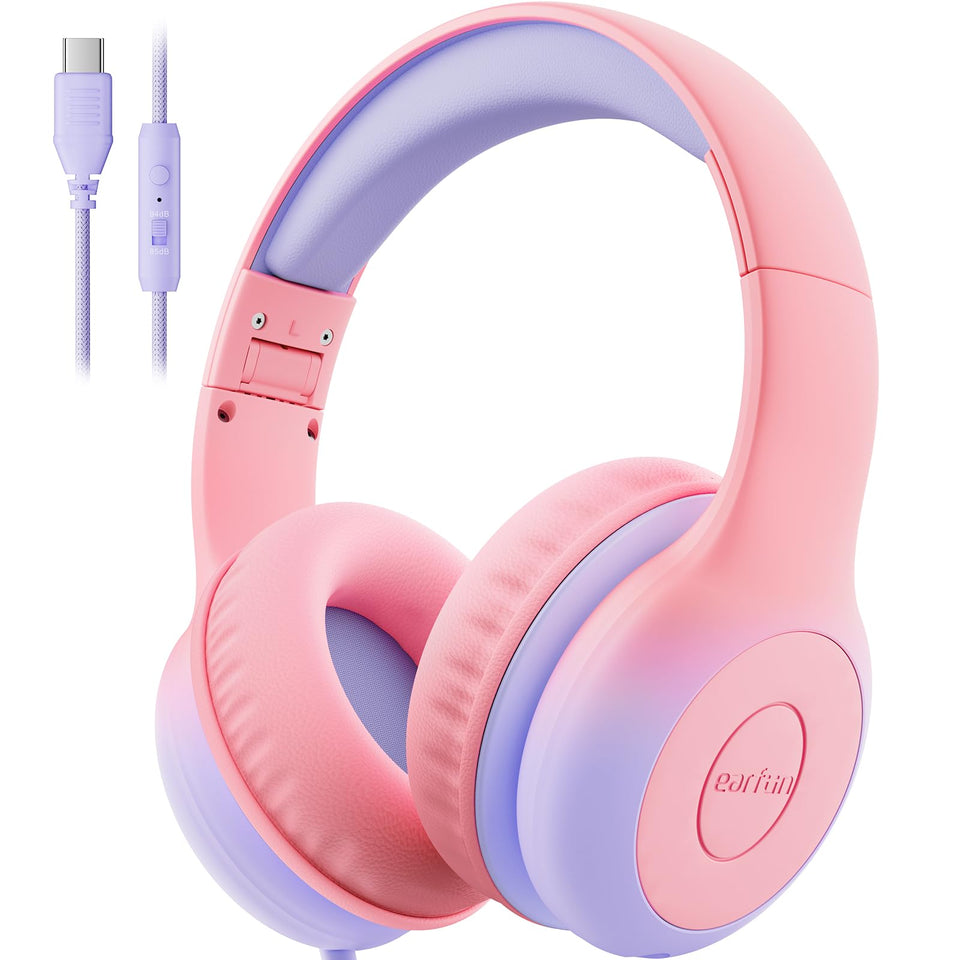 EarFun K1 kids headphones pink folded for travel and storage.