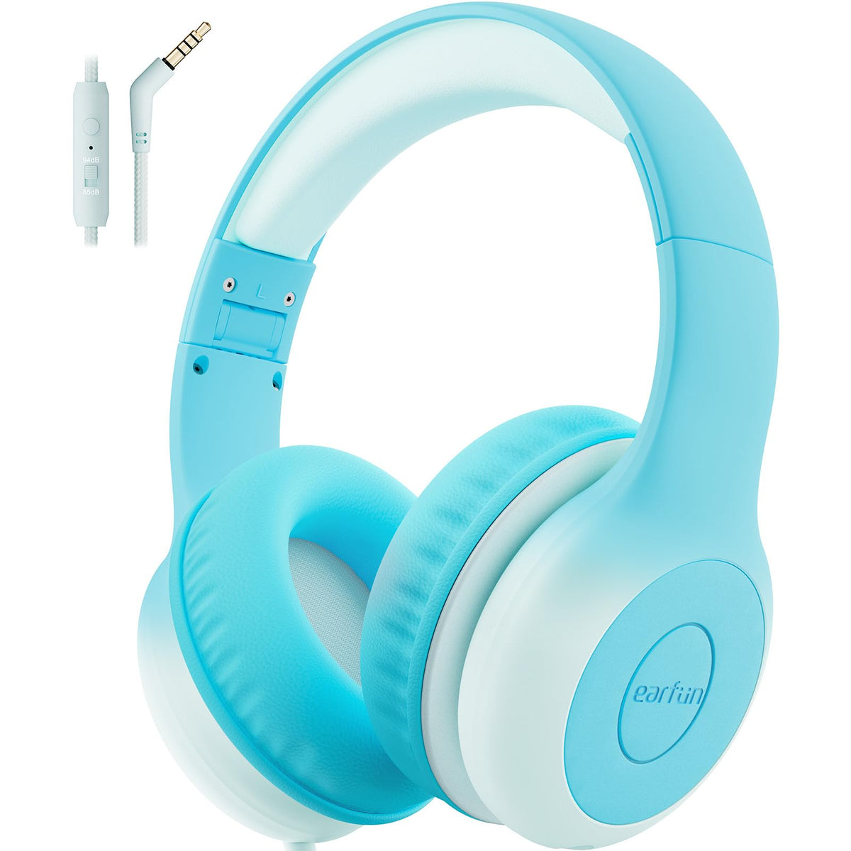 EarFun K1 kids headphones folded for travel in sky blue.
