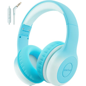 EarFun K1 kids headphones folded for travel in sky blue.