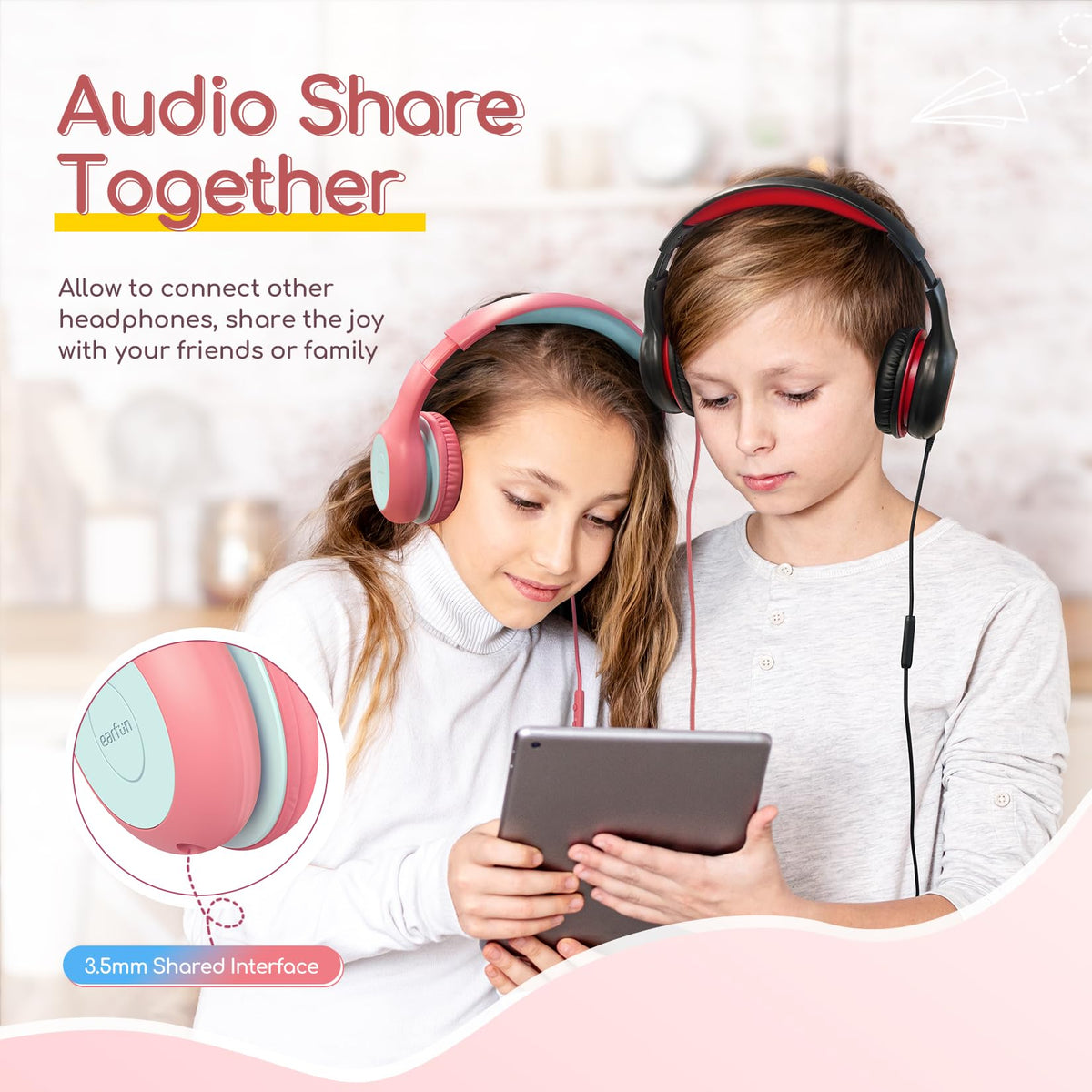 Children wearing EarFun K1 in study setting for focused learning