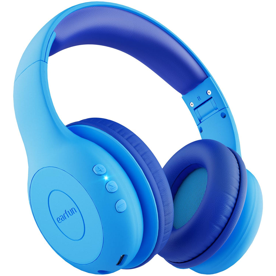 EarFun K2 front view in royal blue showing compact kid-friendly design and safe volume