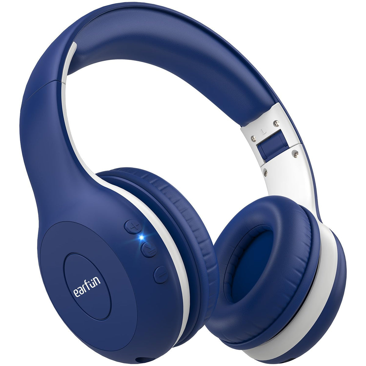 EarFun K2 kids headphones blue front view shows comfortable fit and safe volume