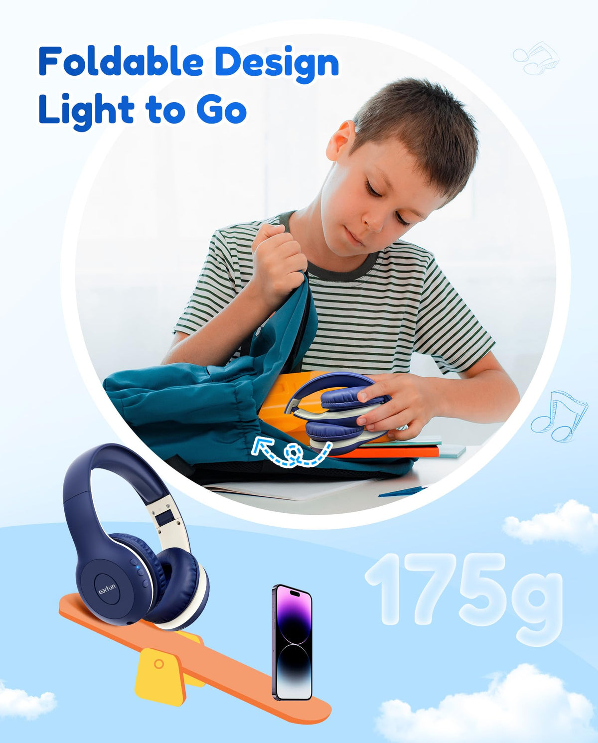 EarFun K2 blue travel case folding ready for school and trips