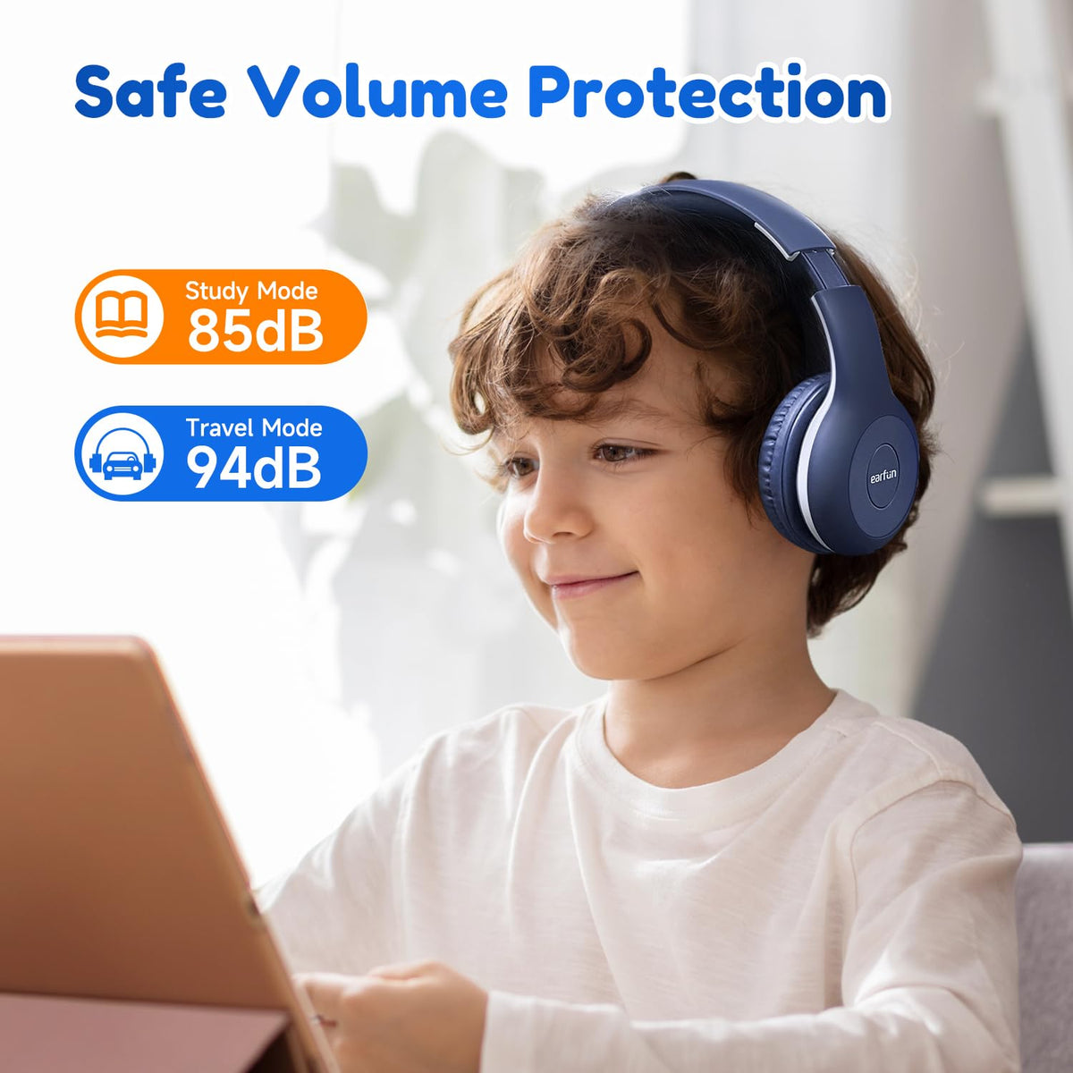 EarFun K2 on child head demonstrating secure fit for school use