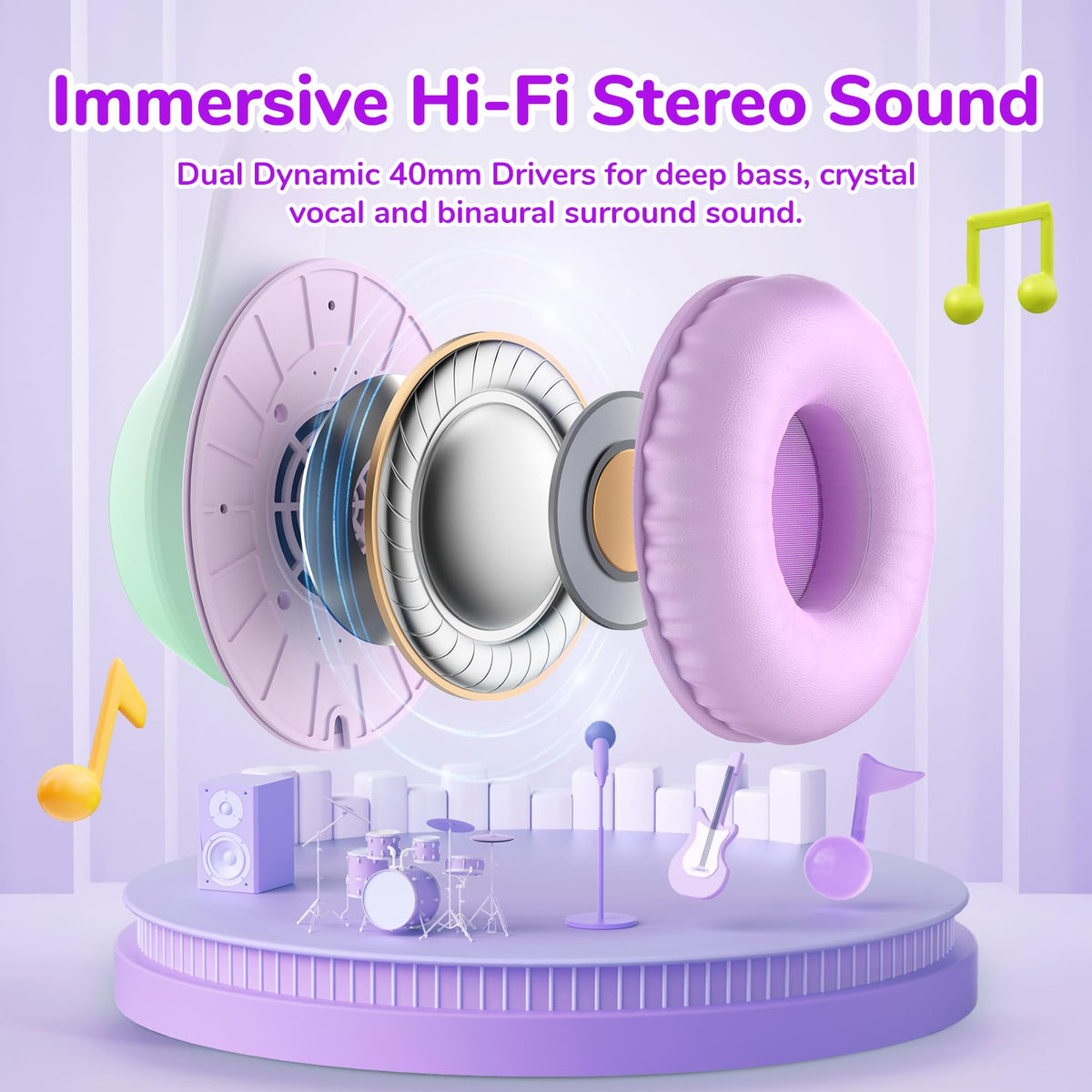 EarFun K3 kids headphones 40mm driver, rich stereo for music and videos.