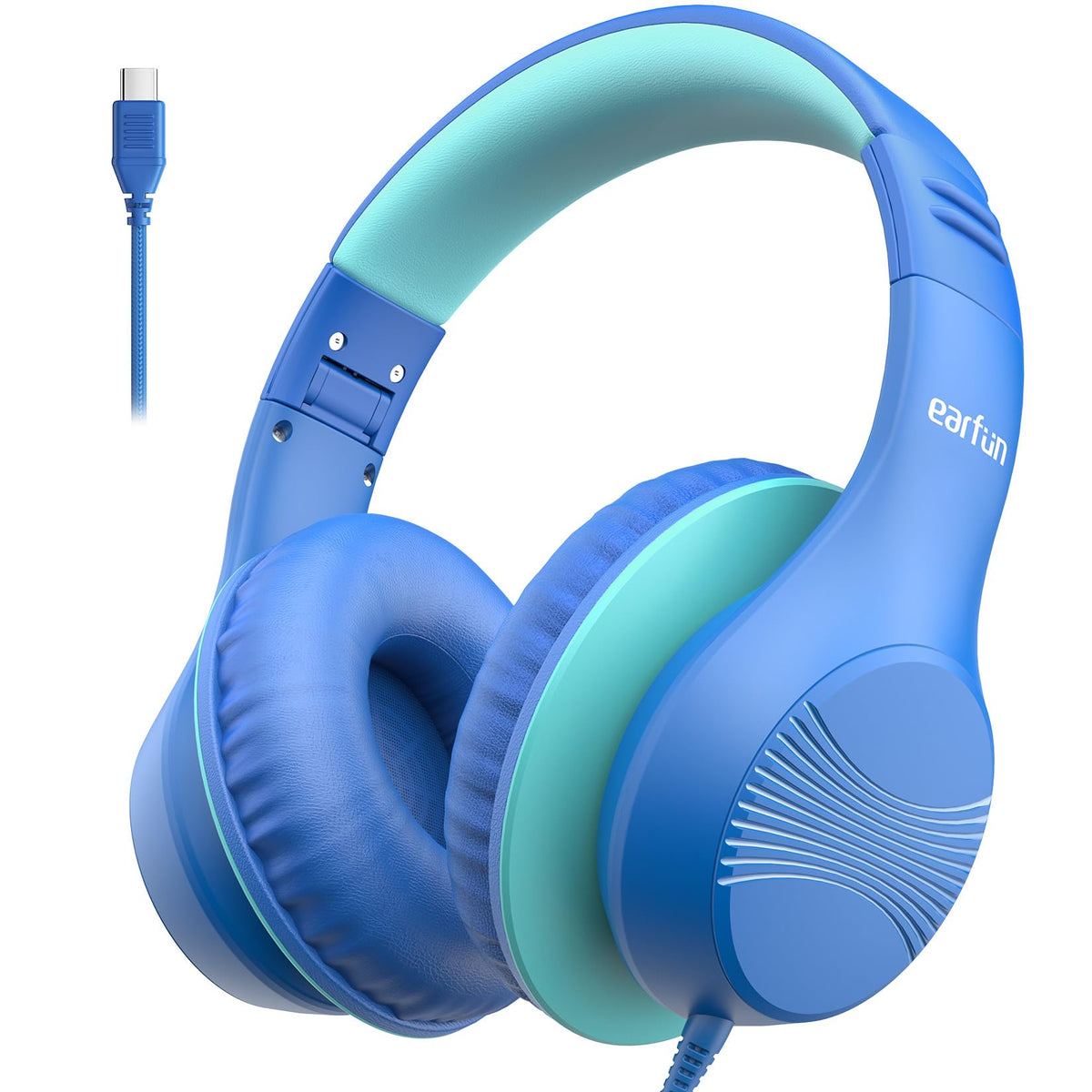 EarFun K3 kids headphones in blue folded for compact travel storage.