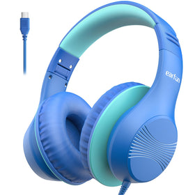 EarFun K3 kids headphones in blue folded for compact travel storage.