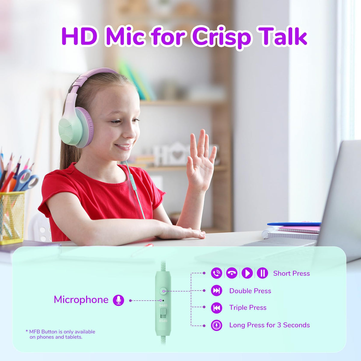 EarFun K3 kids headphones mic, clear calls for online classes.