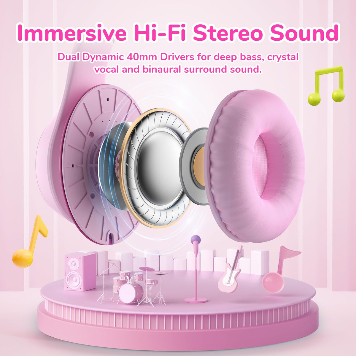 EarFun K3 Kids Headphones pink design suitable for school.