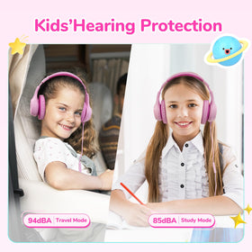EarFun K3 pink headphones on desk ready for school use